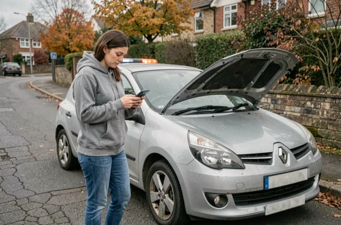 Femme consultant son téléphone après l'allumage du voyant STOP sur sa Renault Clio 3 garée en bord de route