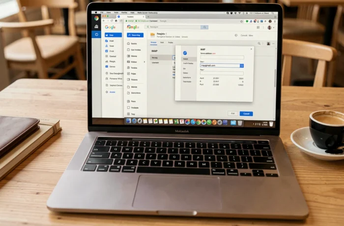 Écran d'ordinateur affichant la configuration des paramètres serveur IMAP de Gmail dans un client de messagerie