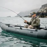 Pêcheur en canoë gonflable sur la mer côtière en train de lancer sa ligne de pêche