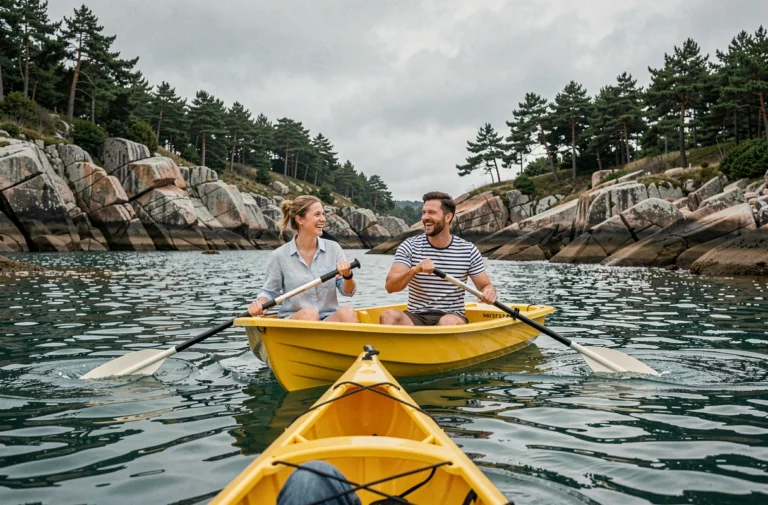 Couple faisant du pédalo sur une baie bretonne aux eaux calmes avec des rochers de granite en arrière-plan