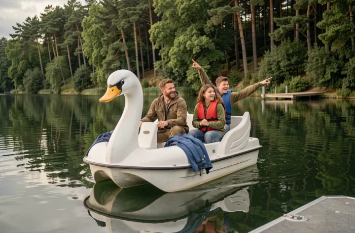 Famille en pédalo cygne sur un lac breton entouré de forêts de chênes lors d'une journée estivale