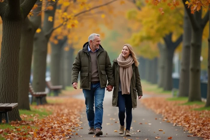 Père et fille adolescente se promenant et riant ensemble sur un chemin de parc en automne entouré d'arbres aux feuilles dorées