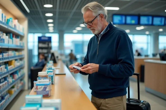 Homme en pharmacie d'aéroport examinant des bouchons d'oreilles anti-pression pour prévenir les douleurs liées à la maladie de Ménière et à l'hydrops endolymphatique en avion