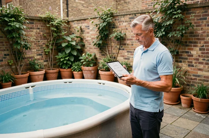 Homme consultant un plan de piscine hors-sol de 10m2 dans un jardin urbain avec pavés