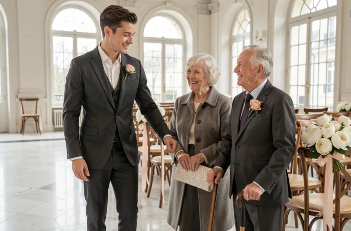 Placeur en costume guidant un couple âgé vers leurs sièges dans une salle de mariage élégante aux fenêtres en arc