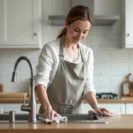 Femme astiquant un évier en inox dans une cuisine moderne avec un chiffon microfibre