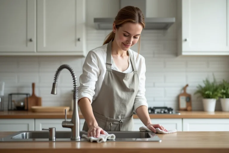 Femme astiquant un évier en inox dans une cuisine moderne avec un chiffon microfibre