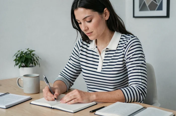 Femme portant un polo marinière manches longues rayé marine et blanc, assise à un bureau à domicile, style travail casual