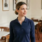 Femme portant un polo manches longues bleu marine dans un café parisien, style chic et décontracté