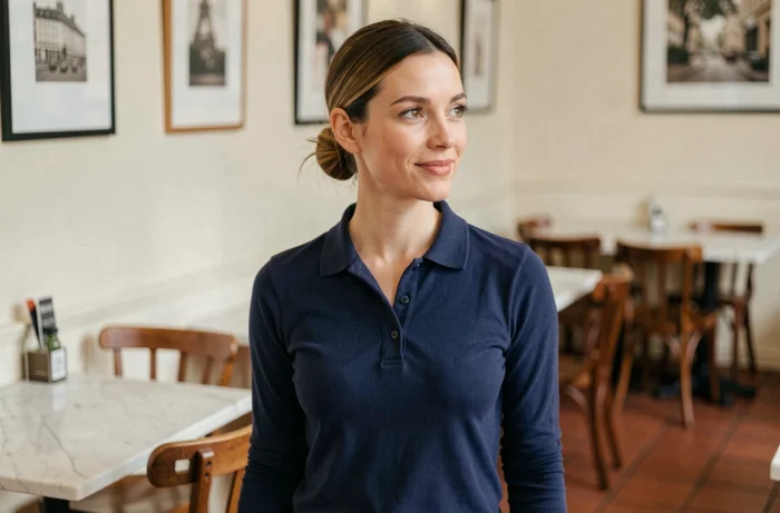 Femme portant un polo manches longues bleu marine dans un café parisien, style chic et décontracté