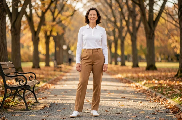 Femme en polo manches longues blanc et pantalon camel dans un parc en automne, tenue élégante et casual chic