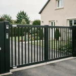 Portail en aluminium noir avec portillon intégré devant une maison résidentielle française avec haie de buis taillée