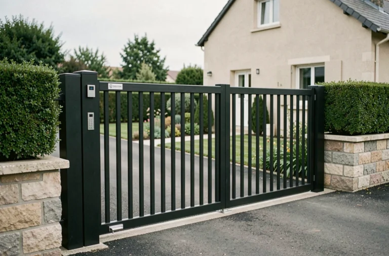 Portail en aluminium noir avec portillon intégré devant une maison résidentielle française avec haie de buis taillée