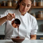 Cheffe pâtissière versant une ganache au chocolat épaisse et brillante dans un bol en verre sur un plan de travail en marbre