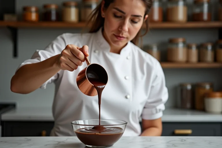 Cheffe pâtissière versant une ganache au chocolat épaisse et brillante dans un bol en verre sur un plan de travail en marbre
