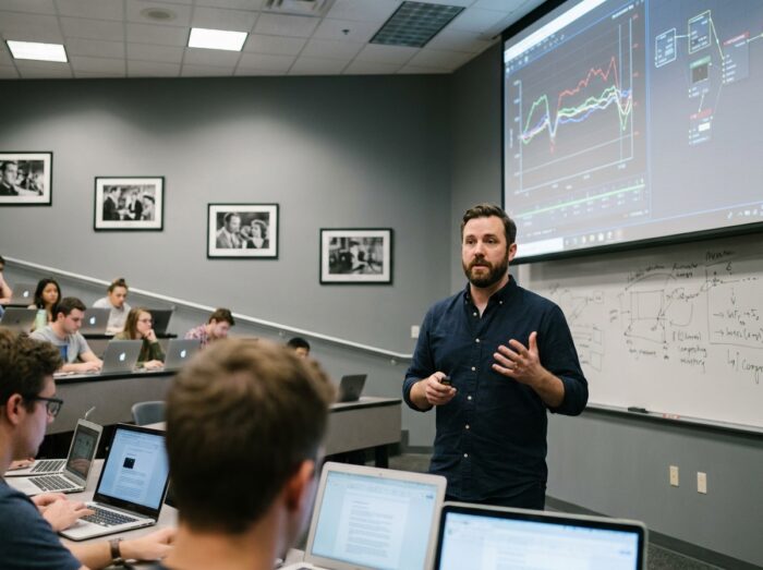 Professeur spécialisé en effets numériques présentant un cours sur le motion capture et la composition visuelle à des étudiants en cinéma