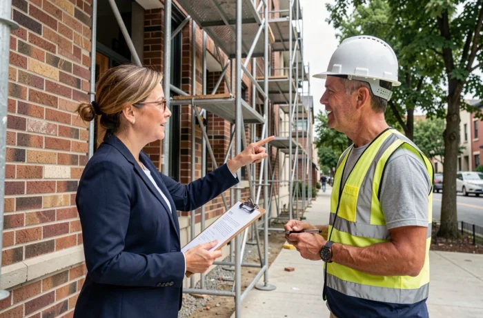 Femme professionnelle discutant d'un projet immobilier devant un immeuble en construction avec un entrepreneur
