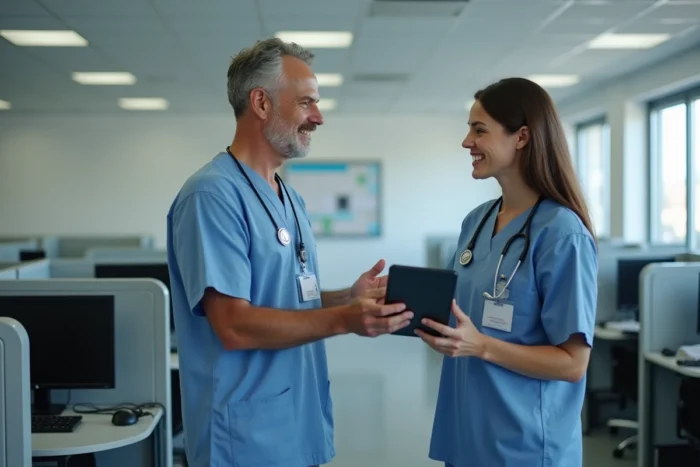 Professionnels de santé collaborant sur un logiciel de gestion dans un espace administratif hospitalier