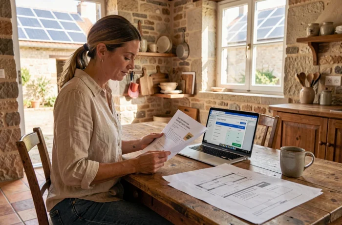 Propriétaire étudiant un devis d'installation solaire et un certificat de performance énergétique dans une maison de campagne rénovée