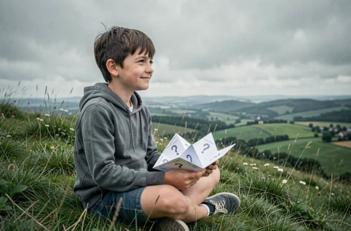Enfant contemplatif assis dans un pré tenant une cocotte en papier avec des questions philosophiques