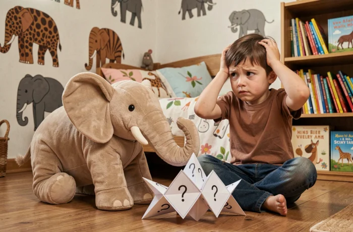 Enfant perplexe assis à côté d'un éléphant en peluche et d'une cocotte en papier