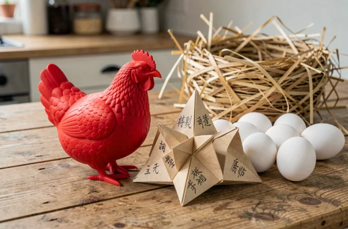 Poulet en caoutchouc et cocotte en papier posés sur une table en bois avec des œufs
