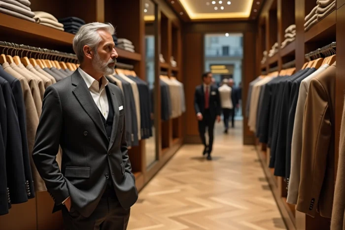 Homme élégant parcourant des vestes de créateurs sur le rayon mode luxe d'un grand magasin parisien au parquet en chêne