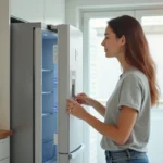 Femme appuyant sur le panneau de commande d'un réfrigérateur Haier pour le réinitialiser dans une cuisine moderne