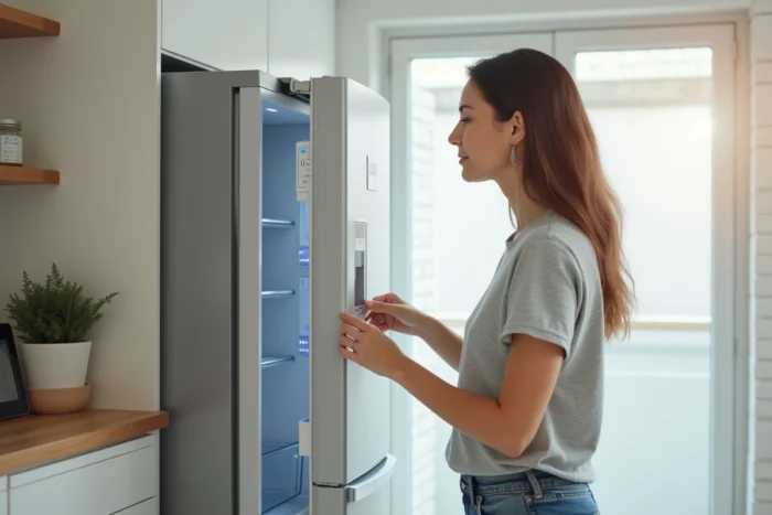 Femme appuyant sur le panneau de commande d'un réfrigérateur Haier pour le réinitialiser dans une cuisine moderne