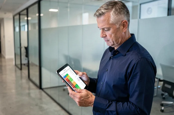 Un responsable RH consulte un planning salarié sur tablette dans un couloir de bureaux modernes