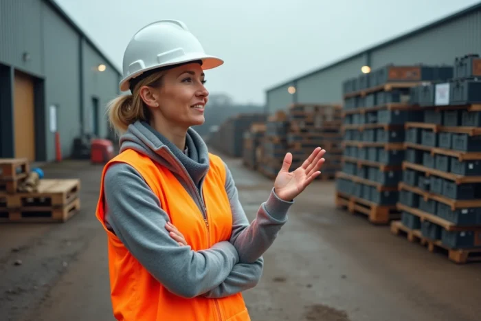 Responsable de site supervisant le tri de batteries usagées dans une cour de recyclage Derichebourg en extérieur