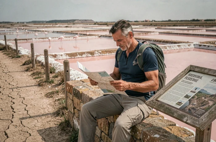 Randonneur consultant une carte devant les salins roses de la presqu'île de Giens avec des flamants roses en arrière-plan