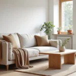 Salon moderne minimaliste avec canapé en lin, table basse en bois et décoration scandinave épurée