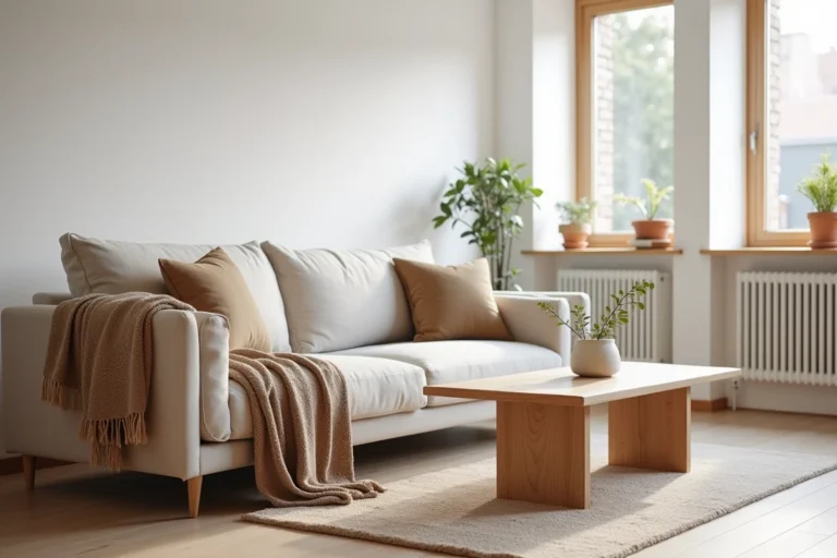 Salon moderne minimaliste avec canapé en lin, table basse en bois et décoration scandinave épurée
