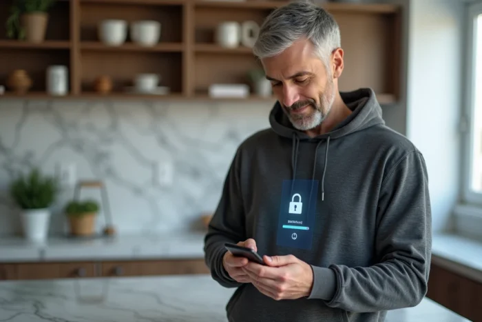 Homme vérifiant les paramètres de sécurité de connexion sur smartphone dans une cuisine moderne