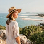 Femme sur le sentier côtier de la presqu'île de Giens avec vue sur la mer Méditerranée et le double tombolo