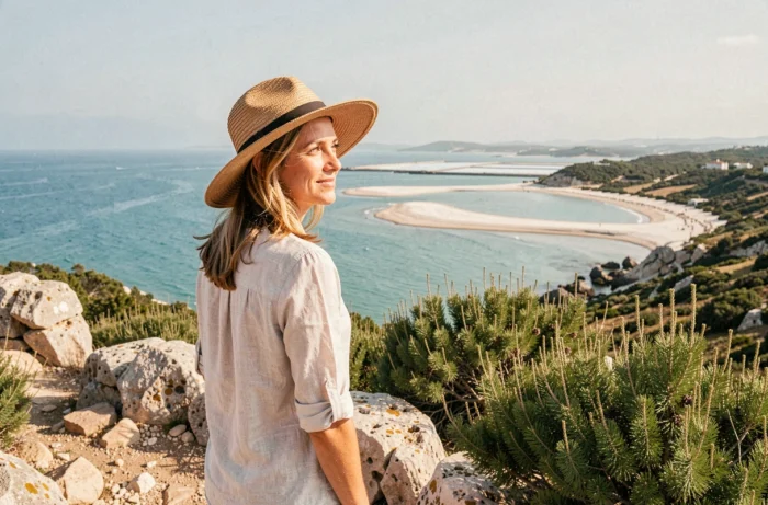 Femme sur le sentier côtier de la presqu'île de Giens avec vue sur la mer Méditerranée et le double tombolo