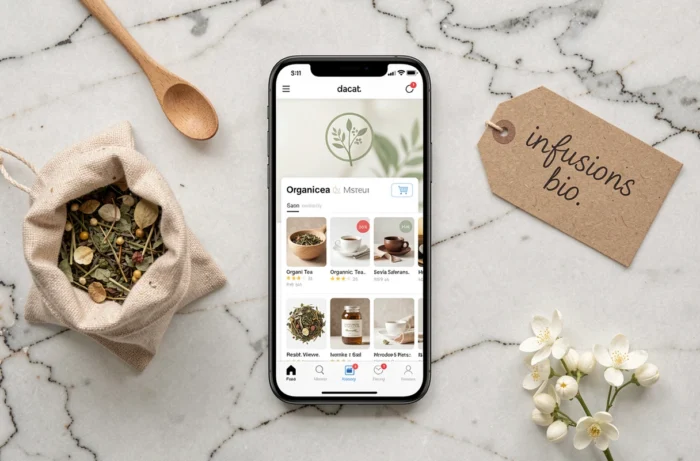 Vue du dessus d'un smartphone affichant un site e-commerce mobile de thés bio entouré d'herbes séchées et d'accessoires de dégustation