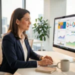 Femme professionnelle analysant des tableaux de bord de stratégie digitale sur un écran dans un bureau moderne