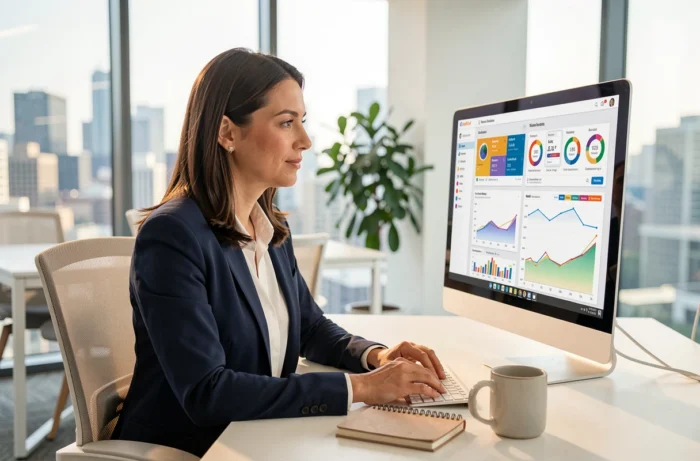 Femme professionnelle analysant des tableaux de bord de stratégie digitale sur un écran dans un bureau moderne