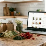 Table en bois rustique avec assortiment de thés et infusions bio en vrac à côté d'un ordinateur affichant un site e-commerce spécialisé