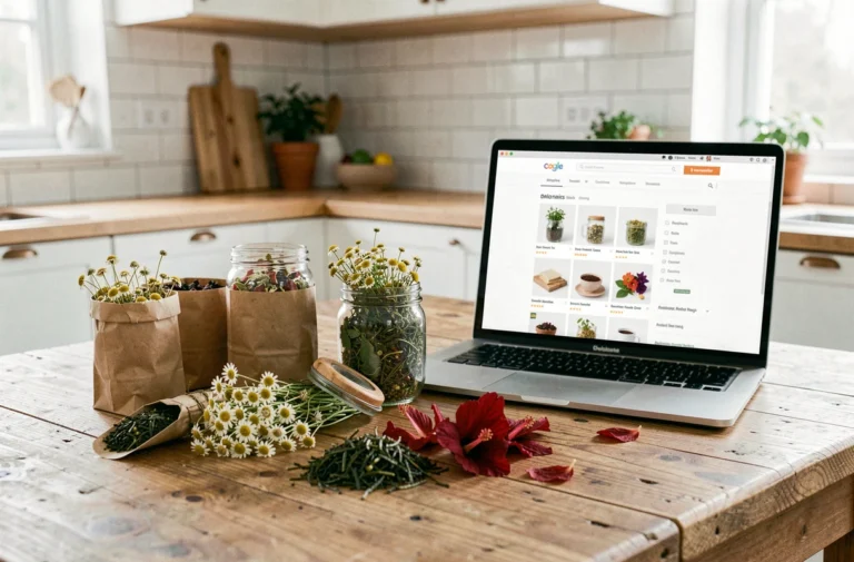 Table en bois rustique avec assortiment de thés et infusions bio en vrac à côté d'un ordinateur affichant un site e-commerce spécialisé
