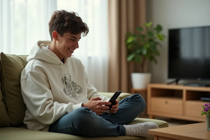 Adolescent synchronisant son compte Google sur Samsung dans un salon confortable