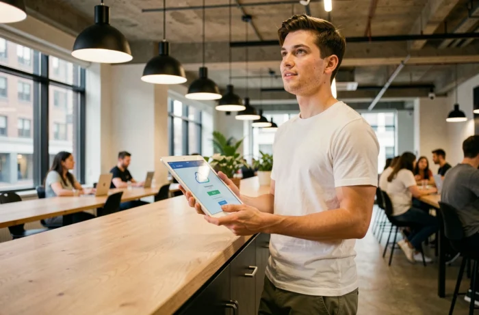 Jeune adulte forçant la synchronisation OneDrive sur une tablette dans un espace de coworking