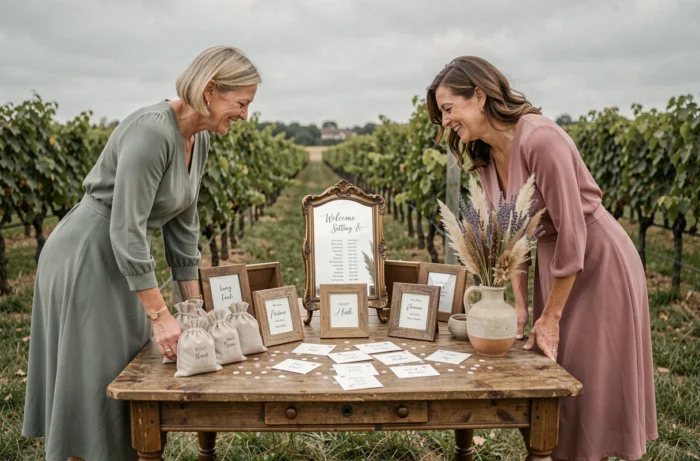 Table d'accueil de mariage en plein air avec plan de table et sachets de confettis personnalisés dans un vignoble