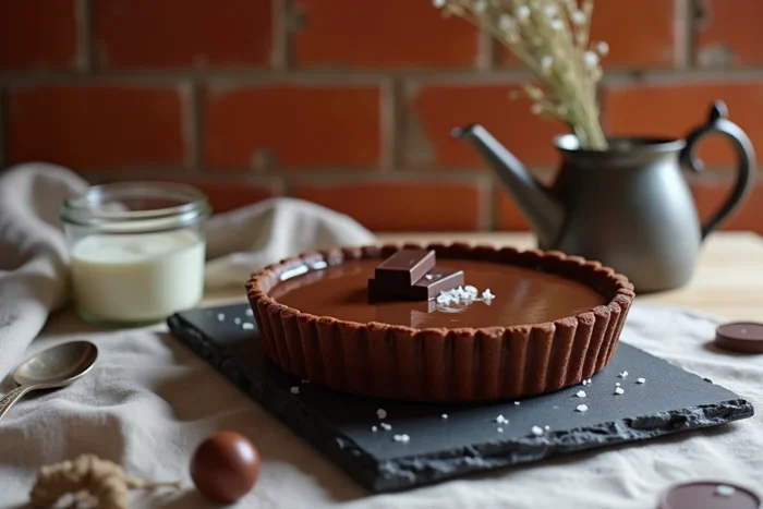 Tarte à la ganache au chocolat épaisse et brillante sur une ardoise rustique, garnie de sel de mer et de copeaux de chocolat