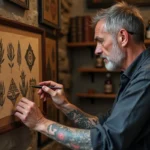 Tatoueur corse expérimenté étudiant des motifs traditionnels corses dans son studio rustique aux murs en pierre