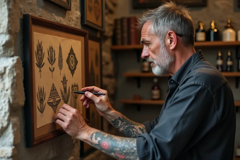 Tatoueur corse expérimenté étudiant des motifs traditionnels corses dans son studio rustique aux murs en pierre