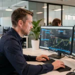 Technicien informatique gérant la sécurité réseau sur des écrans de supervision dans un bureau professionnel à Nantes