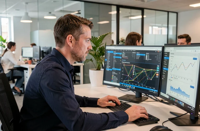 Technicien informatique gérant la sécurité réseau sur des écrans de supervision dans un bureau professionnel à Nantes